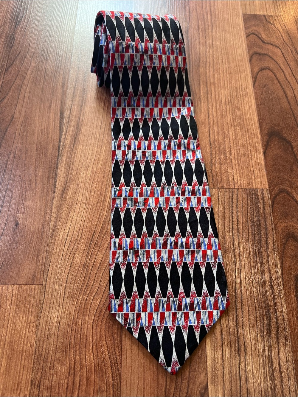 Vintage 90s Courrèges Homme Silk Tie Geometric Art Deco Red Blue Black